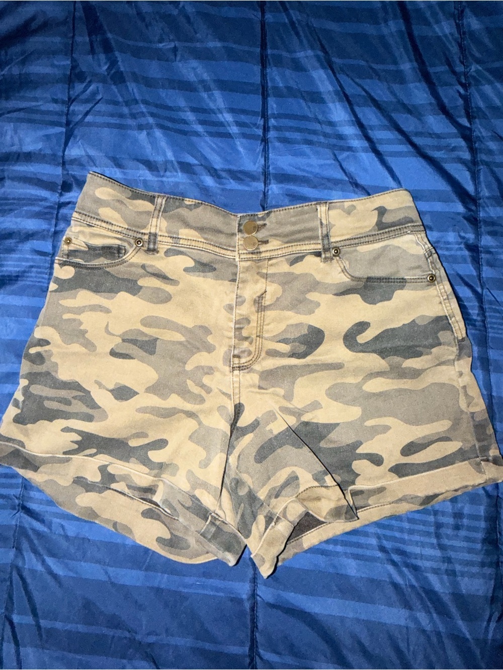 New York & Company Beige and Green Camo High-Waist Jean Shorts